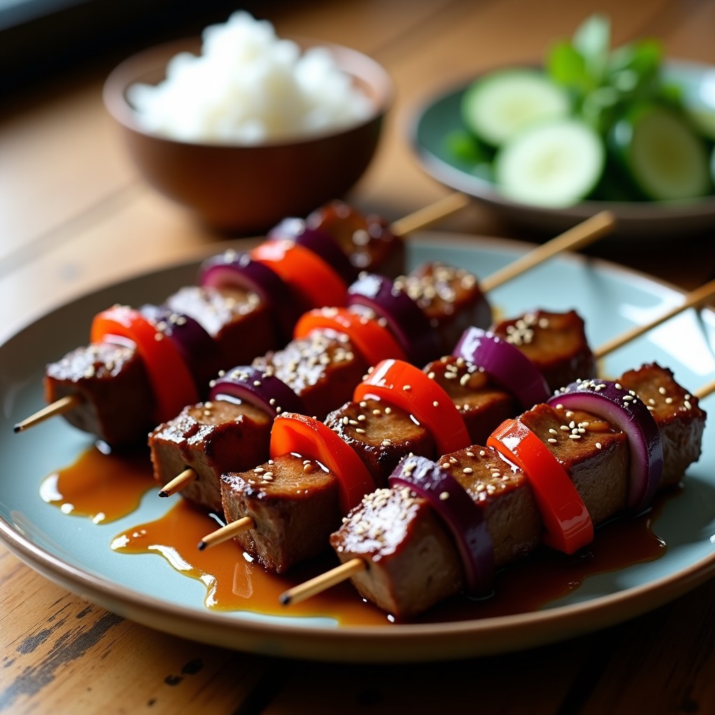 Brochetas de ternera teriyaki doradas en airfryer, con trozos de cebolla morada y pimiento rojo, bañadas en salsa teriyaki brillante y espolvoreadas con semillas de sésamo tostadas.