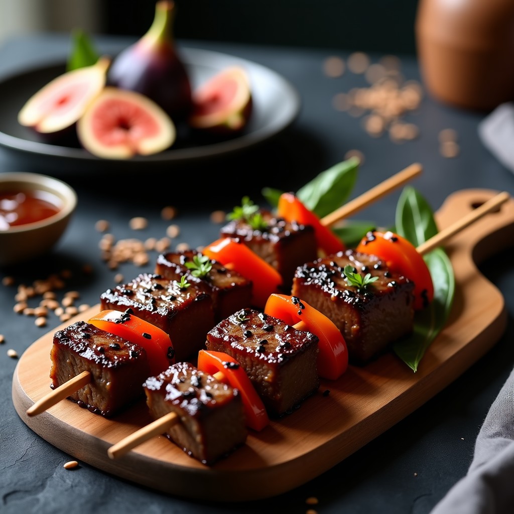 Brochetas de ternera marinada en salsa teriyaki de higo al grill, con trozos de cebolla morada y pimiento rojo caramelizados, espolvoreadas con semillas de sésamo negro y servidas sobre una tabla de madera rústica con salsa glaseada y rodajas de higo fresco.