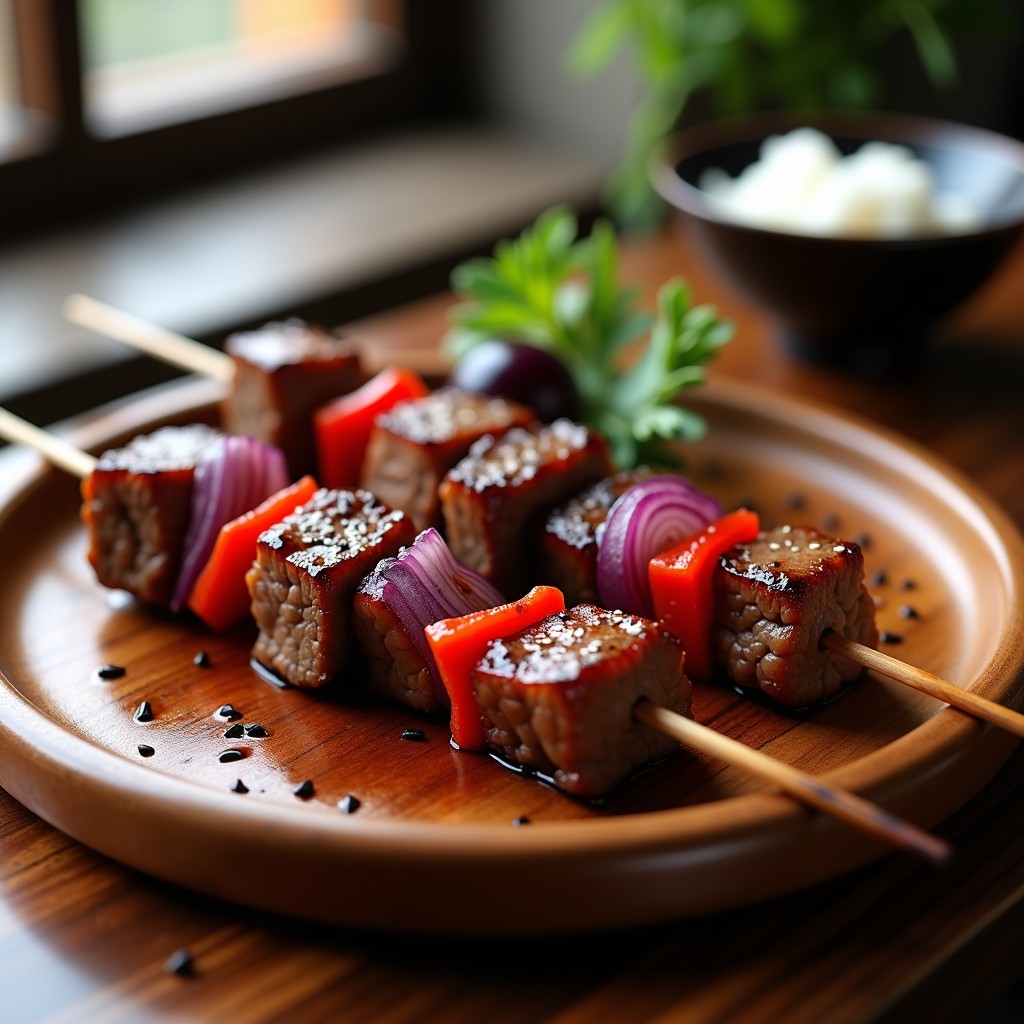 Brochetas de ternera doradas en grill con ciruelas umeboshi oscuras, cebolla morada y pimiento rojo, espolvoreadas con semillas de sésamo negro. Plato japonés con toque umami, servido sobre tabla de madera rústica.