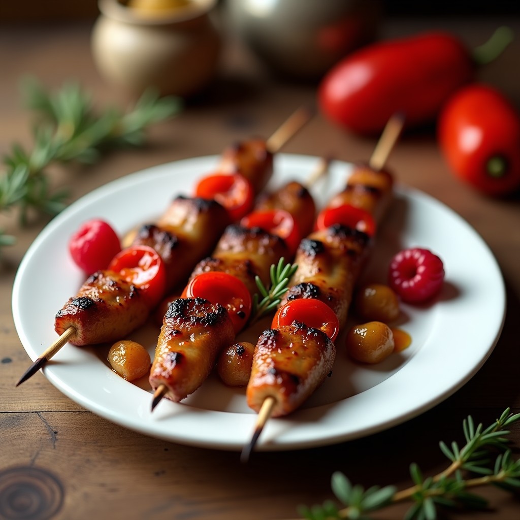 Brochetas de ternera marinada en vinagre de frambuesa con pimientos carmelo asados, servidas en plato blanco sobre fondo rústico de madera, receta francesa gourmet en airfryer.