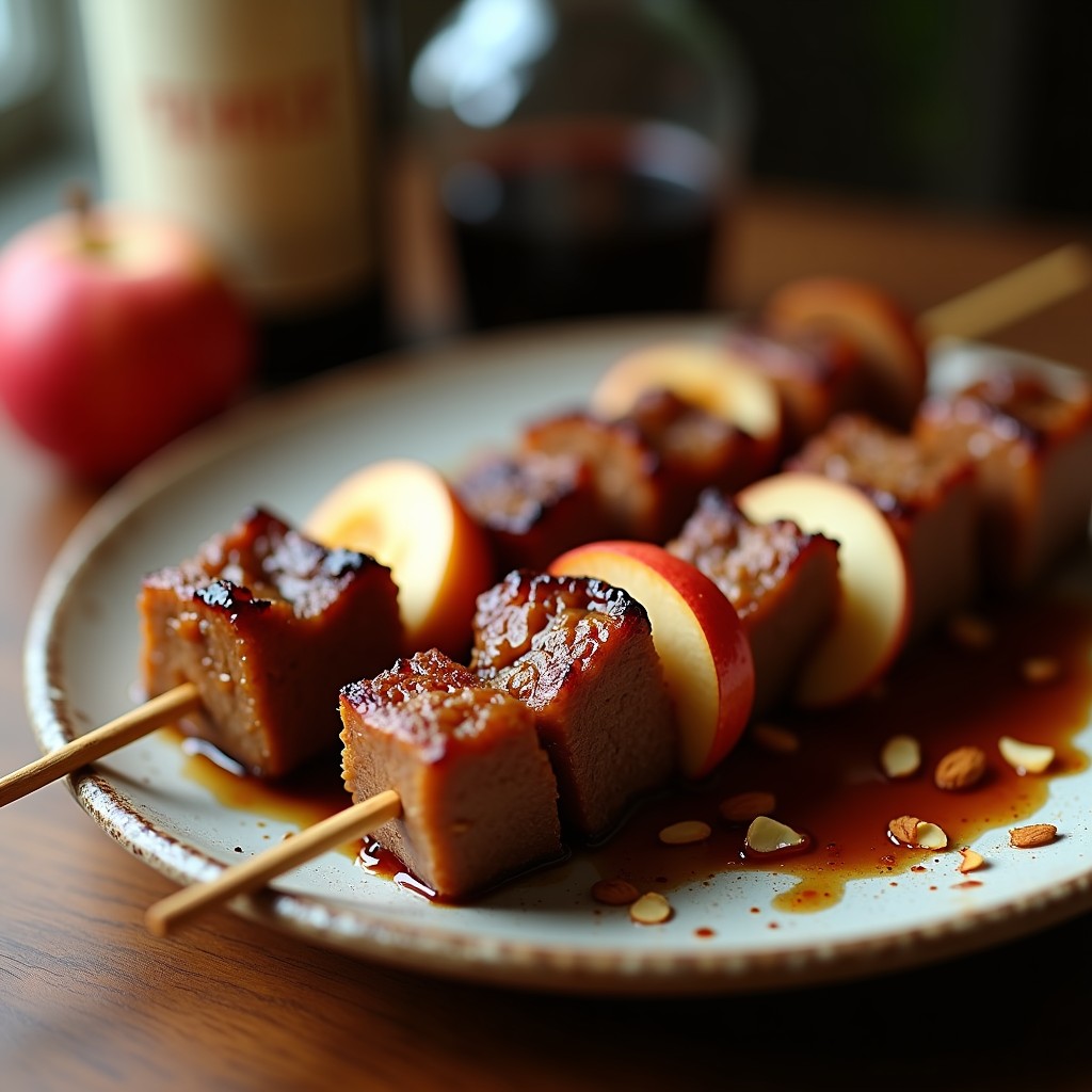 Brochetas de ternera maritada en vino de Oporto servidas en plato de cerámica blanca, con trozos dorados de ternera, higos secos caramelizados y nueces tostadas, acompañadas de romero fresco y un hilo de miel.