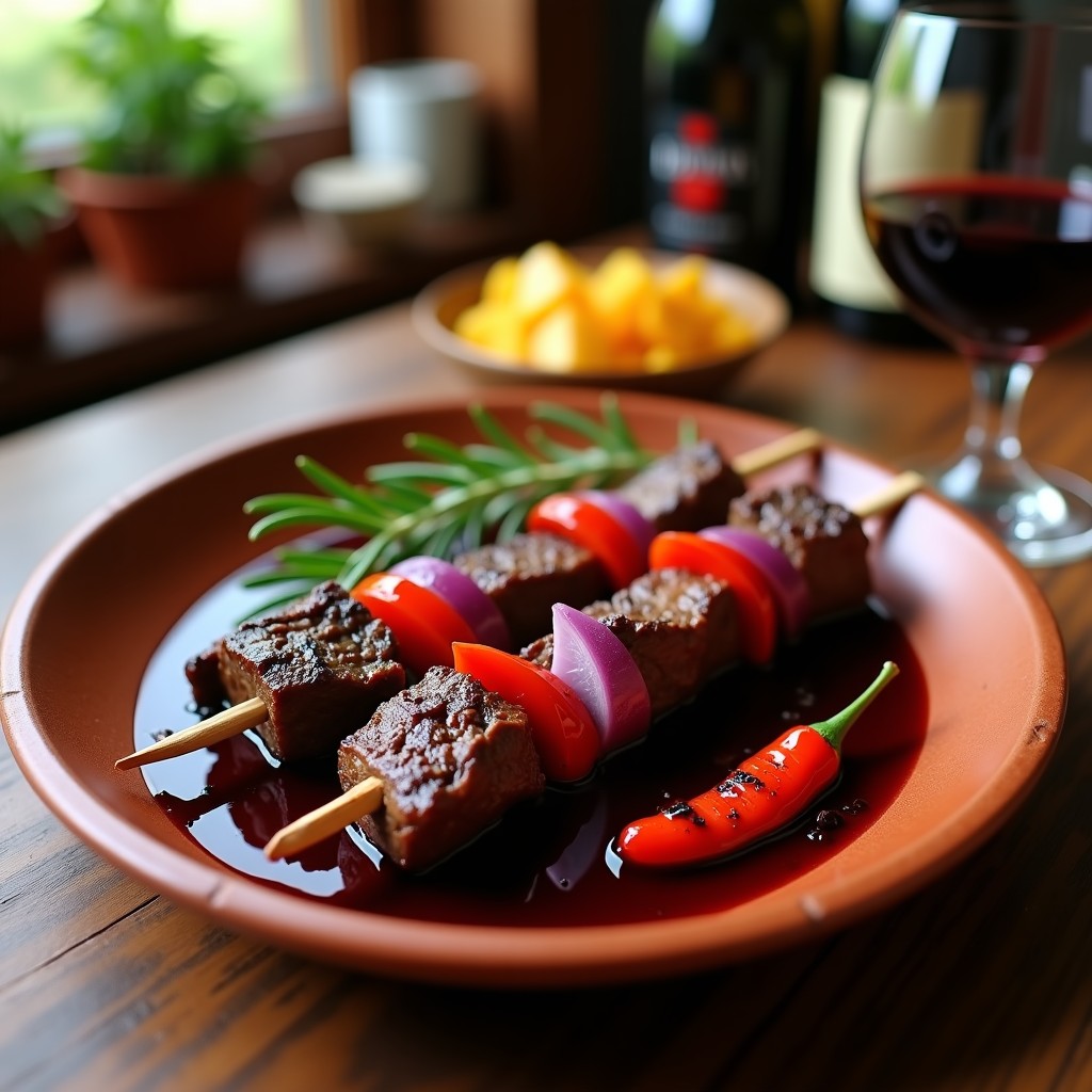 Brochetas de ternera marinada en vino tinto con pimientos asados y cebolla morada, cocinadas en olla lenta, servidas en plato de barro con salsa reducida y decoradas con romero fresco.