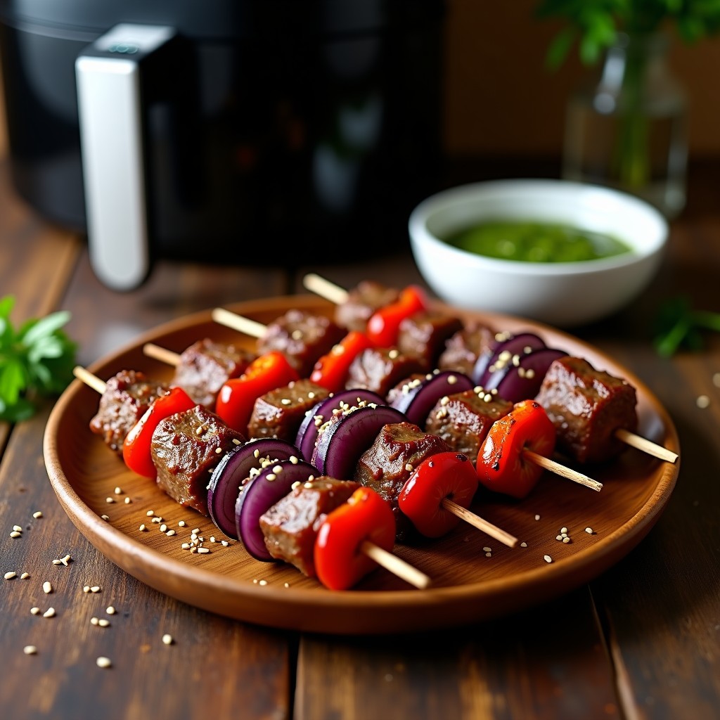 Brochetas de terneza de res doradas con pimiento rojo asado y cebolla morada, servidas en plato de madera con chimichurri verde de perejil en bol pequeño aparte, estilo parrilla argentina en airfryer.