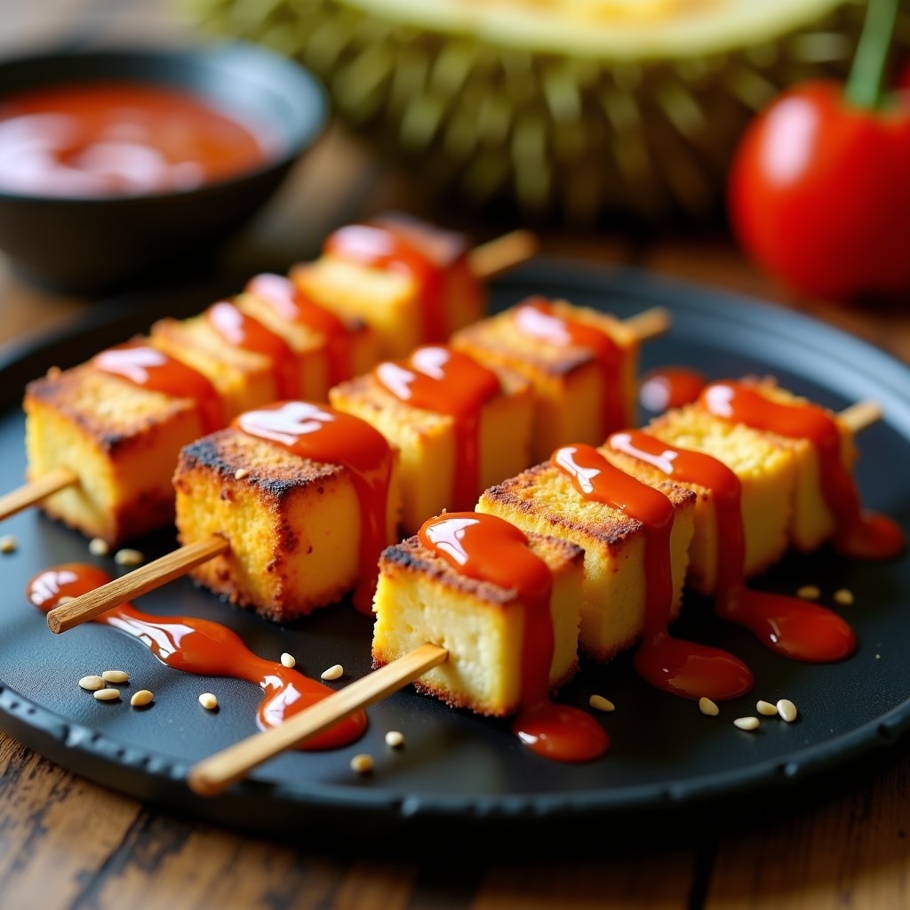 Brochetas doradas de tofu ahumado y trozos de durian cremoso en palillos de madera, servidas en plato negro con salsa Sriracha espolvoreada de semillas de sésamo y cebollino, receta tailandesa en Airfryer.