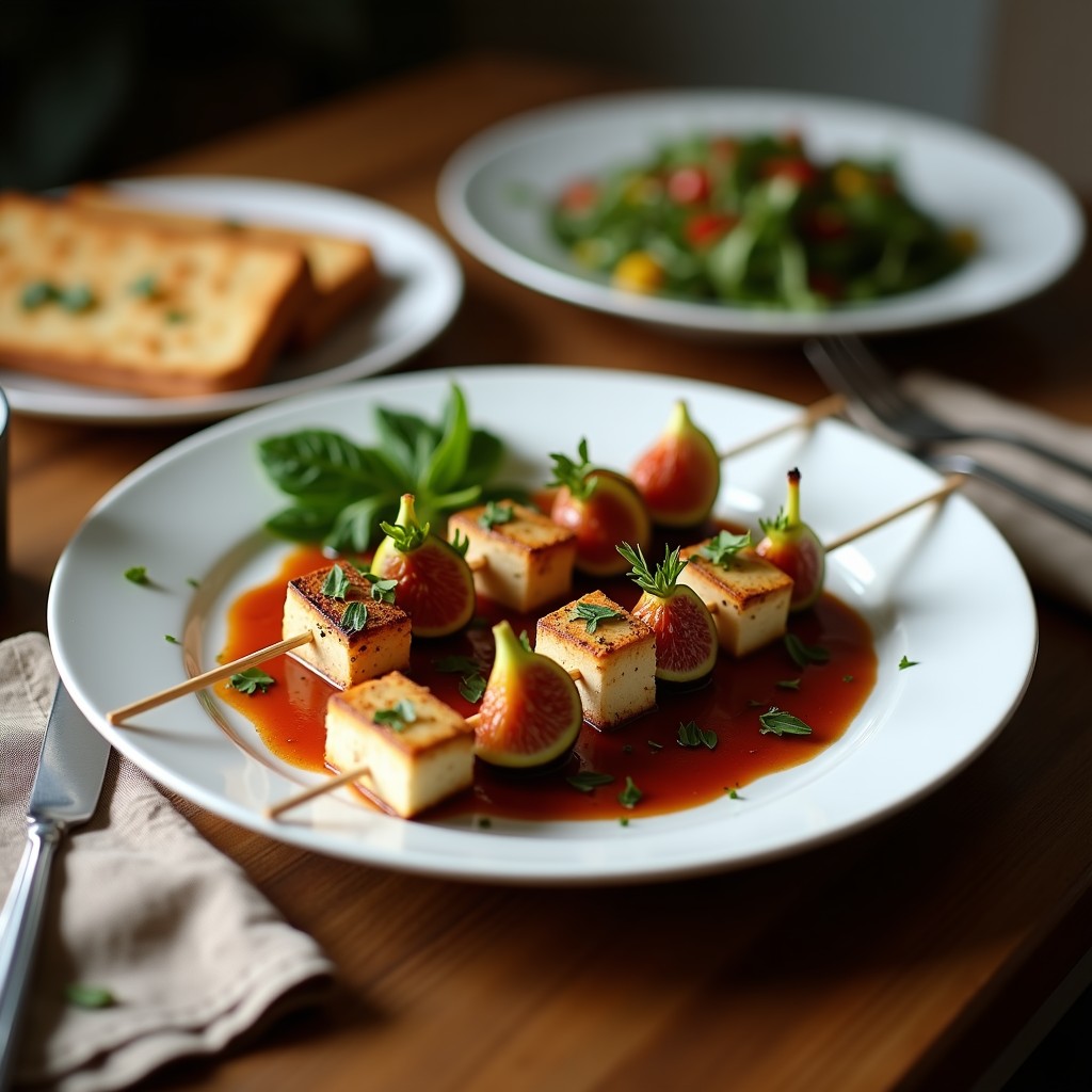 Brochetas de tofu ahumado dorado y higos frescos caramelizados en grill, servidas en plato de madera con vinagreta de romero y hierbas frescas alrededor. Receta vegana alta en proteína.