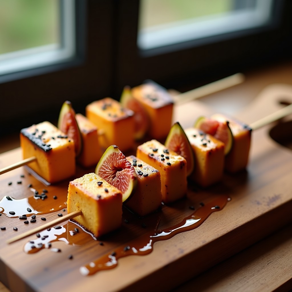 Brochetas de tofu ahumado dorado y higos frescos caramelizados en palillos de bambú, espolvoreadas con semillas de sésamo negro y cebollino picado, servidas sobre una tabla de madera rústica con fondo difuminado.