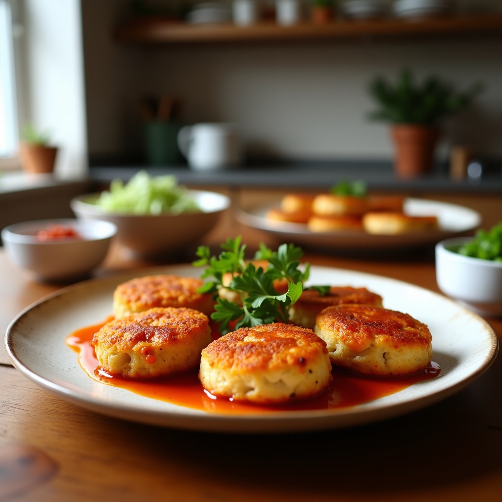 Brochetas de tofu ahumado dorado y melocotón caramelizado en palillos de bambú, servidas sobre un plato negro con salsa sriracha brillante y cilantro fresco espolvoreado. Receta en olla express picante y dulce.