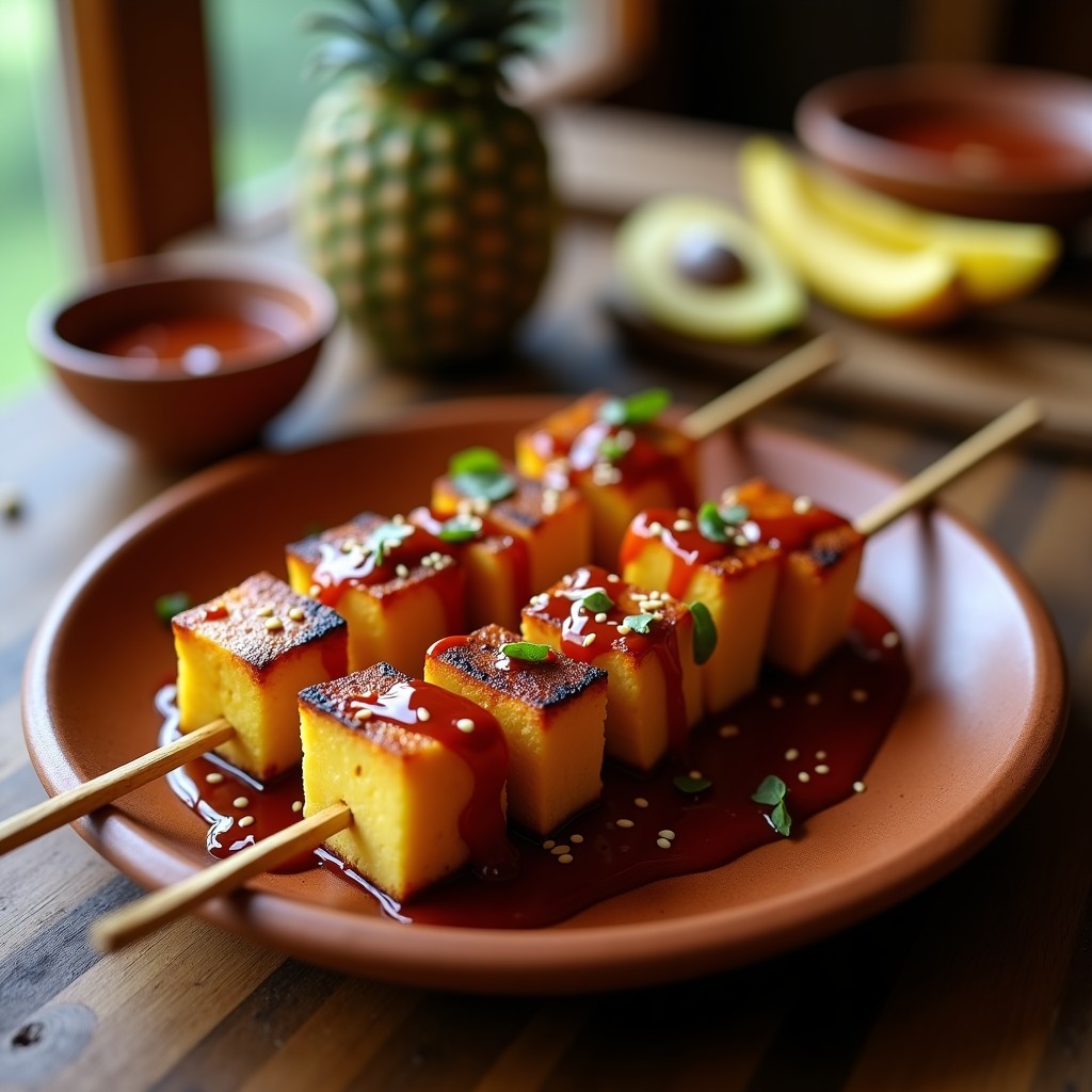 Brochetas de tofu ahumado dorado y piña caramelizada en palillos de madera, servidas en plato de barro con salsa de chilimole oscura y cremosa espolvoreada con semillas de sésamo, fondo rústico de madera.