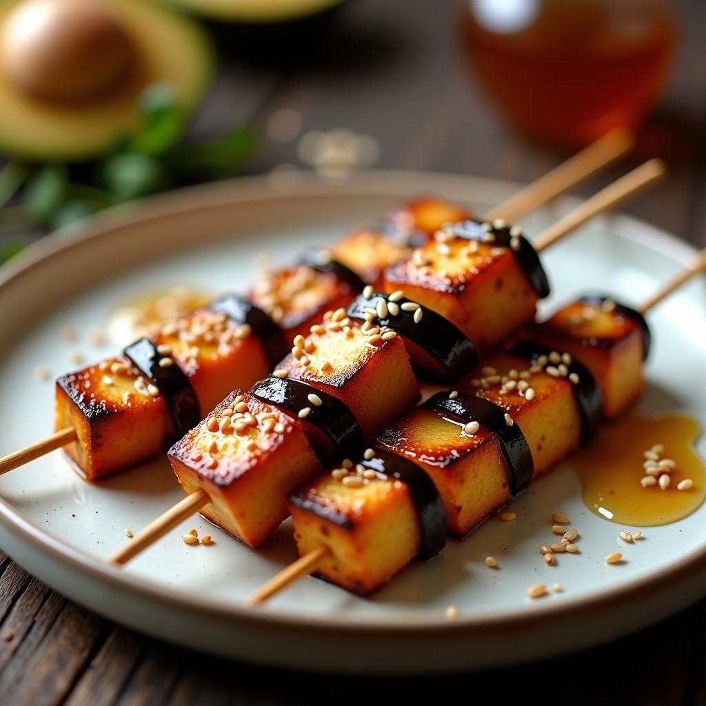 Brochetas doradas de tofu marinado y berenjena asada en airfryer, brillantes por el glaseado de miel y sésamo, servidas sobre un plato de madera con semillas de sésamo espolvoreadas.