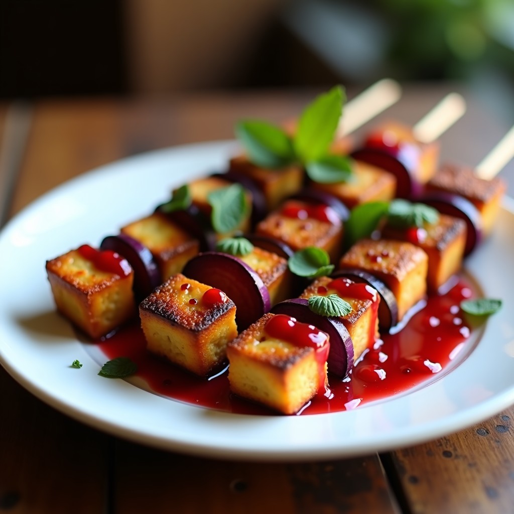 Brochetas doradas de tofu ahumado y berenjena asada en airfryer, servidas en plato de cerámica blanca con salsa de granadina brillante y semillas de sésamo, decoradas con hojas de menta fresca. Receta vegana con toque persa.