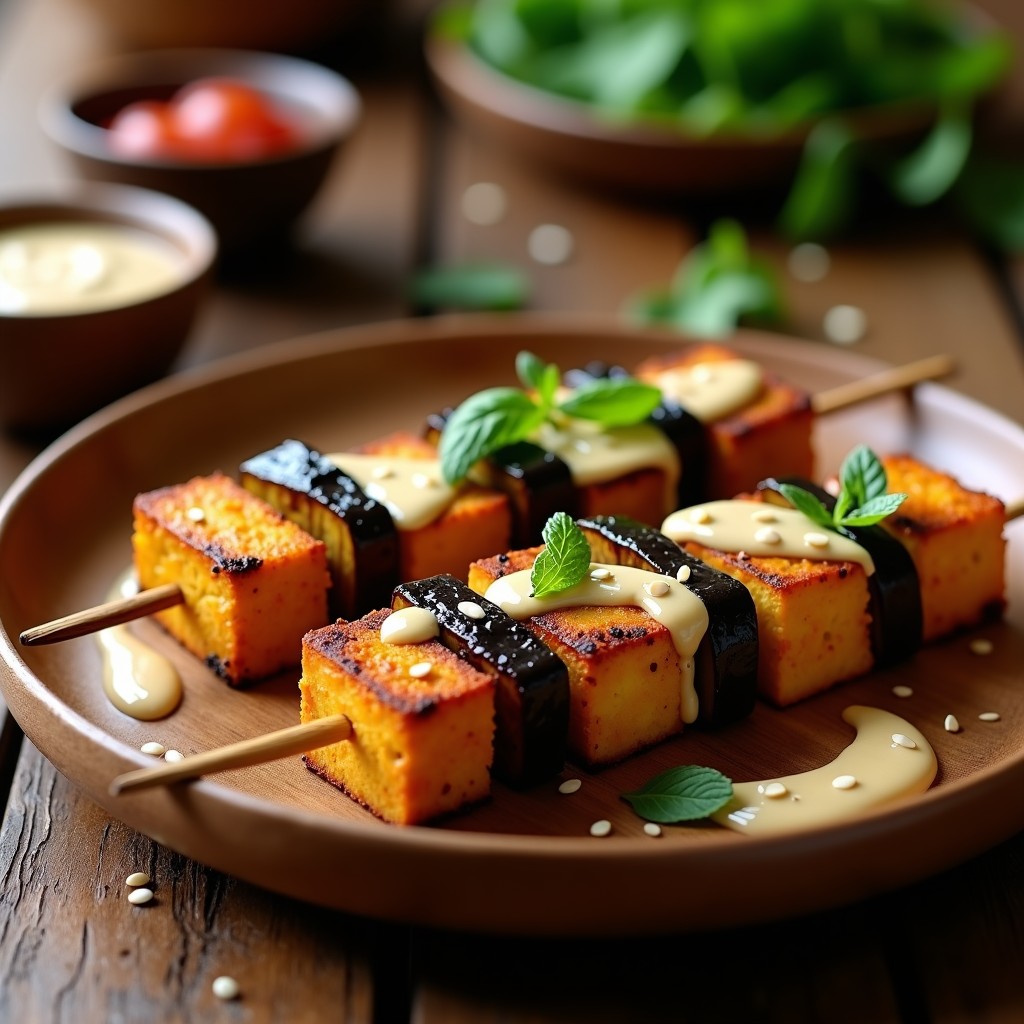Brochetas de tofu marinado y berenjena al grill con salsa de tahini, servidas en plato de madera rústico con hierbas frescas y un bol de salsa cremosa al lado.