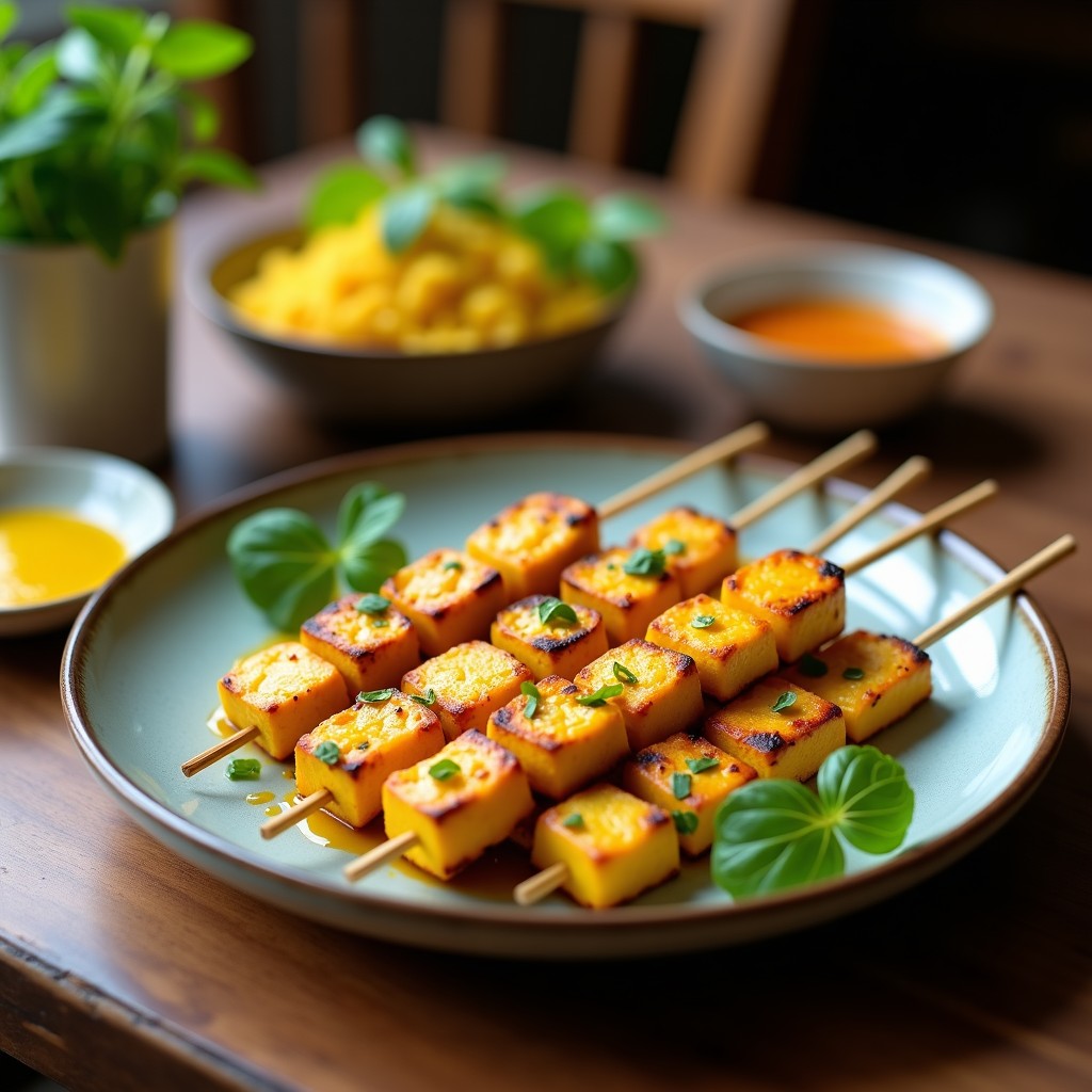 Brochetas de tofu dorado marinado en cúrcuma y leche de coco, alternado con trozos de cebolla morada, pimiento rojo y calabacín, servidas en un plato de madera con cilantro fresco y semillas de sésamo espolvoreadas. Receta vegana tailandesa con fondo borroso de hierba limón.