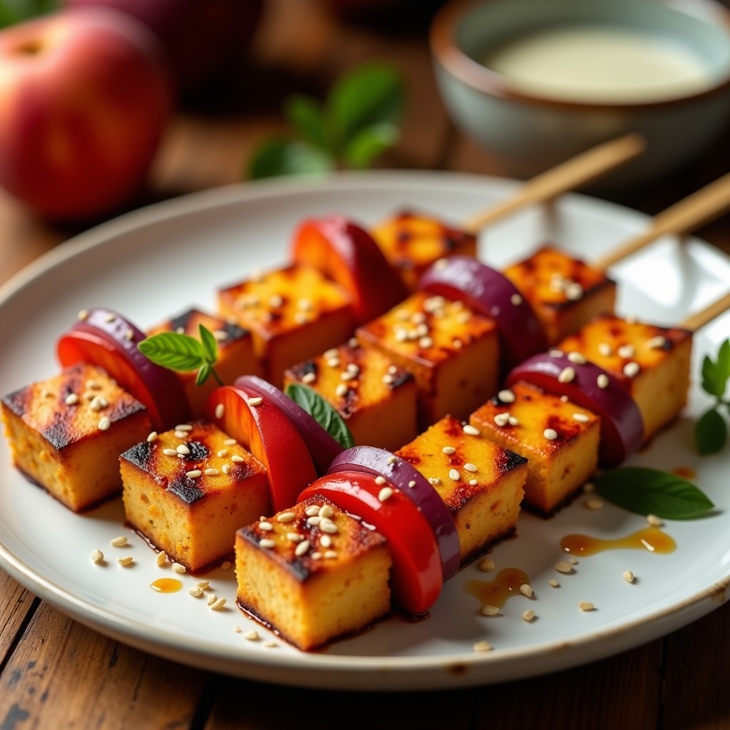 Brochetas de tofu marinado dorado y durazno caramelizado en palillos de madera, con semillas de sésamo negro, servidas sobre un plato de cerámica blanca con fondo de mesa rústica de madera. Receta vegana alta en proteína en airfryer.