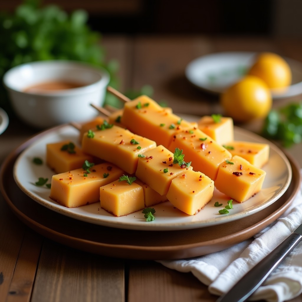 Brochetas de tofu dorado marinado en especias y cubos de melón cantalupo fresco, ensartados en palillos de madera con hojas de menta y semillas de sésamo negro, aperitivo vegano dulce-salado sobre tabla de madera rústica.