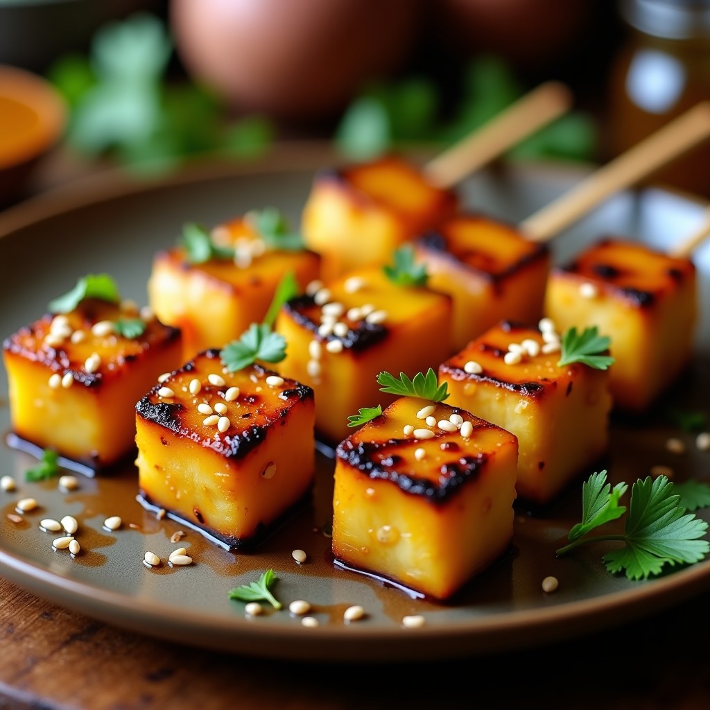 Brochetas de tofu marinado dorado y piña caramelizada en palillos de madera, servidas en plato de cerámica con semillas de sésamo espolvoreadas, fondo de grill humeante.