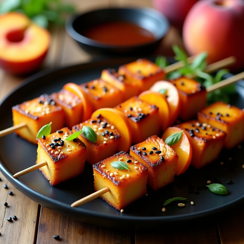 Brochetas doradas de tofu ahumado y melocotón caramelizado en palillos de madera, con glaseado de miso brillante y semillas de sésamo negro, servidas sobre un plato de cerámica oscura con fondo de madera rústica.