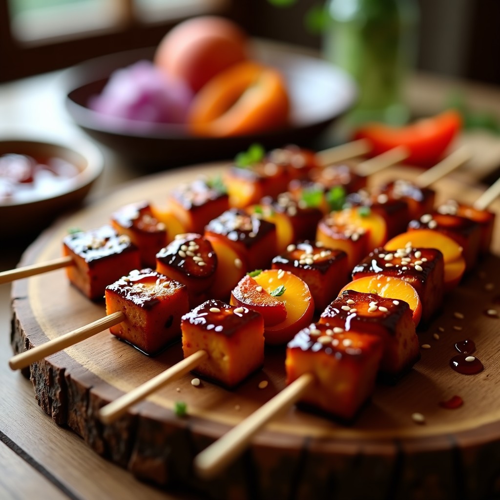 Brochetas de tofu dorado y melocotón caramelizado en palillos de madera, glaseadas con salsa barbacoa brillante, espolvoreadas con semillas de sésamo y acompañadas de trozos de cebolla morada y pimiento rojo asado. Plato vegano cocinado en airfryer, con texturas crujientes y jugosas.