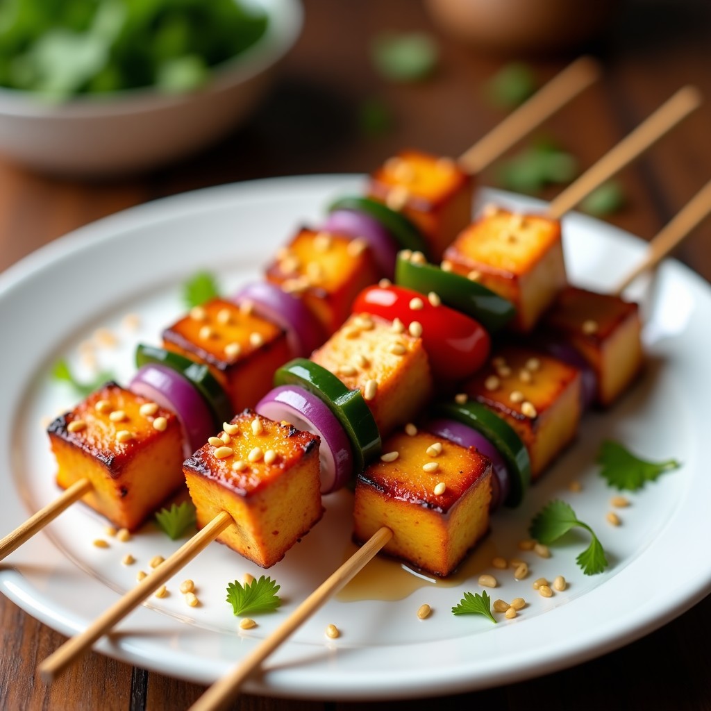 Brochetas doradas de tofu con miel y sésamo en palillos de madera, servidas sobre un plato blanco con semillas de sésamo espolvoreadas y rodajas de cebolla morada y pimiento rojo asado. Receta de airfryer crujiente y alta en proteína.