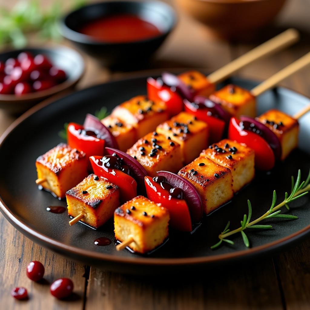 Brochetas doradas de tofu marinado en miso y arándanos rojos, servidas en un plato de cerámica negra con semillas de sésamo negro espolvoreadas. El tofu tiene una textura crujiente y los arándanos brillan con un glaseado natural. Fondo minimalista con elementos japoneses como una cucharita de madera y una hoja de shiso.