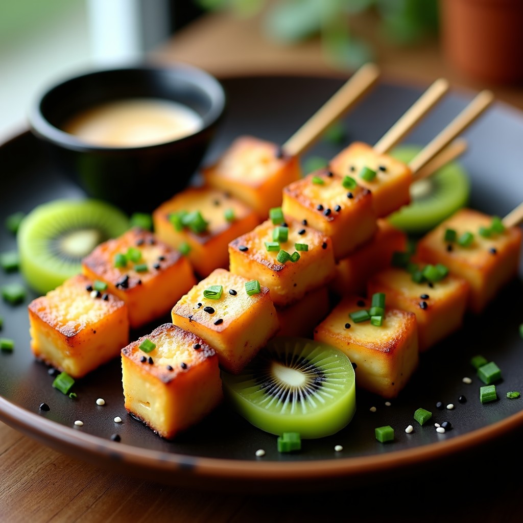Brochetas doradas de tofu marinado en miso blanco y trozos de kiwi verde, espolvoreadas con semillas de sésamo negro, servidas sobre un plato de cerámica blanca con fondo de madera rústica.