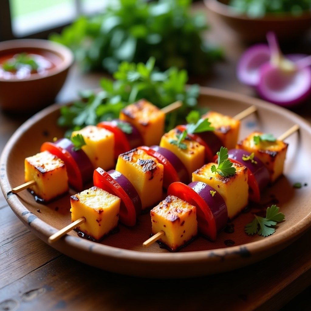 Brochetas de tofu marinado dorado con trozos de piña caramelizada, cebolla morada y pimiento rojo asado, servidas en plato de madera con salsa de chipotle y cilantro fresco, receta vegana al grill.