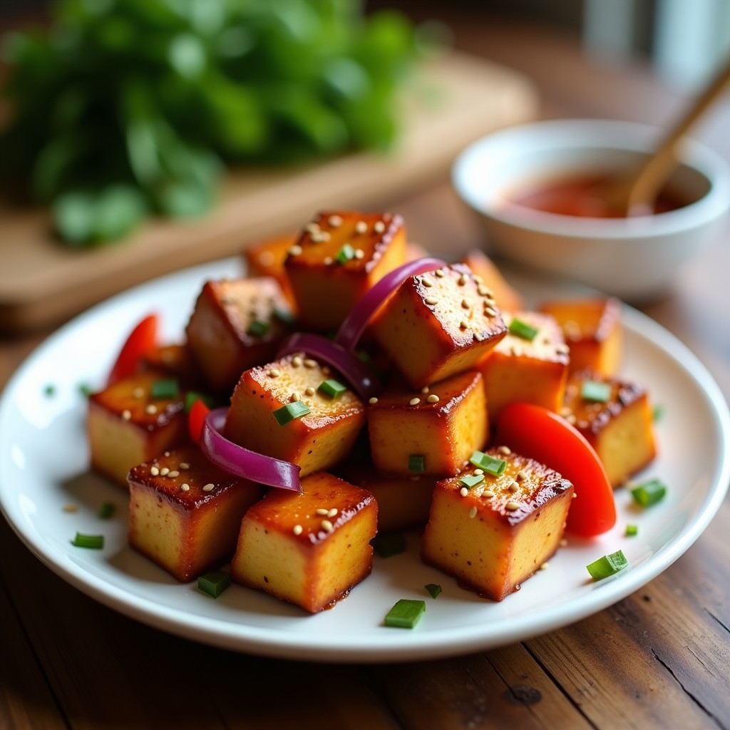 Brochetas de tofu dorado marinado en salsa hoisin, ensartadas con trozos de pimiento rojo y cebolla morada, servidas en un plato blanco con semillas de sésamo espolvoreadas y un bol pequeño de salsa hoisin para mojar. Receta vegana en airfryer con toque chino.