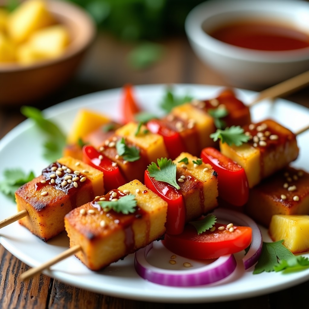 Brochetas de Tofu Marinado en Salsa Hoisin y Ananás: Receta China Vegana en 15 Minutos