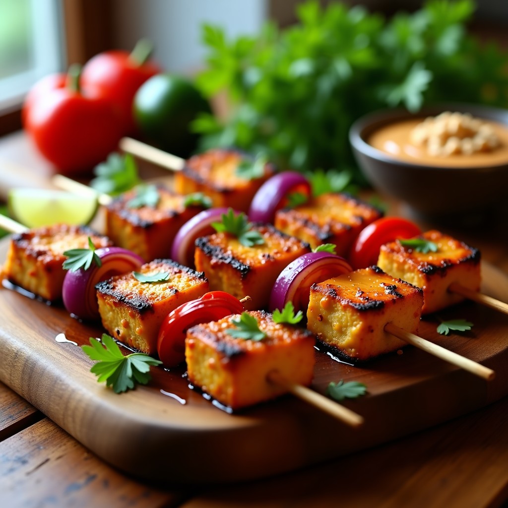 Brochetas de tofu dorado al grill con trozos de cebolla morada y pimiento rojo, bañadas en salsa satay de cacahuete cremosa. Decoradas con brotes de soja, cacahuetes tostados y hojas de cilantro fresco sobre un plato de madera rústico.