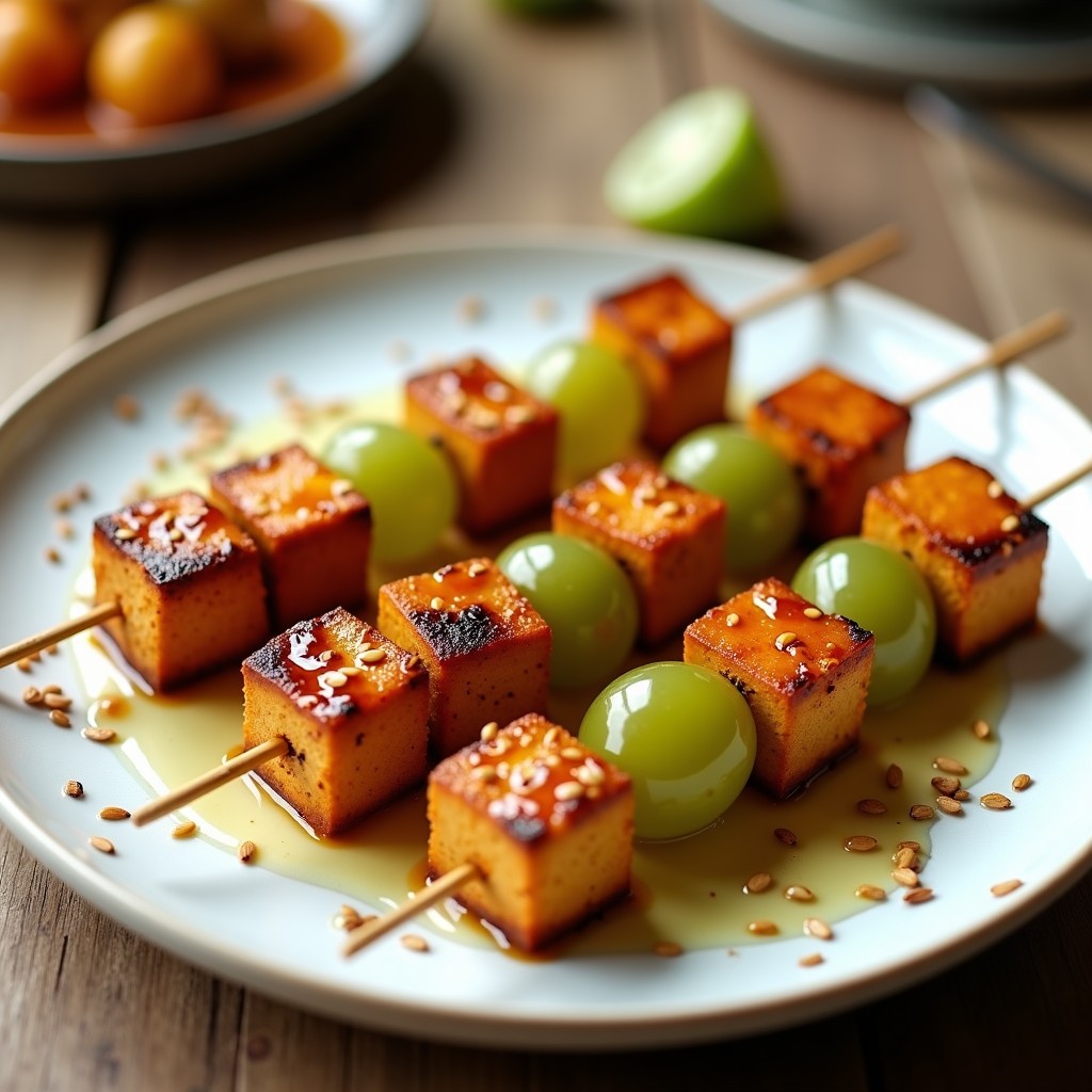 Brochetas doradas de tofu y uvas verdes con glaseado brillante de miel y sésamo tostado, servidas en plato blanco sobre fondo rústico de madera, receta vegana en airfryer.
