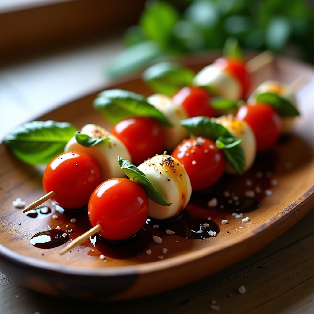 Brochetas de tomate cherry rojo brillante y mozzarella de búfala cremosa, alternadas con hojas de albahaca fresca, dispuestas en una bandeja de madera rústica. Rocío de vinagreta dorada y sal en escamas sobre un fondo borroso de cocina italiana.