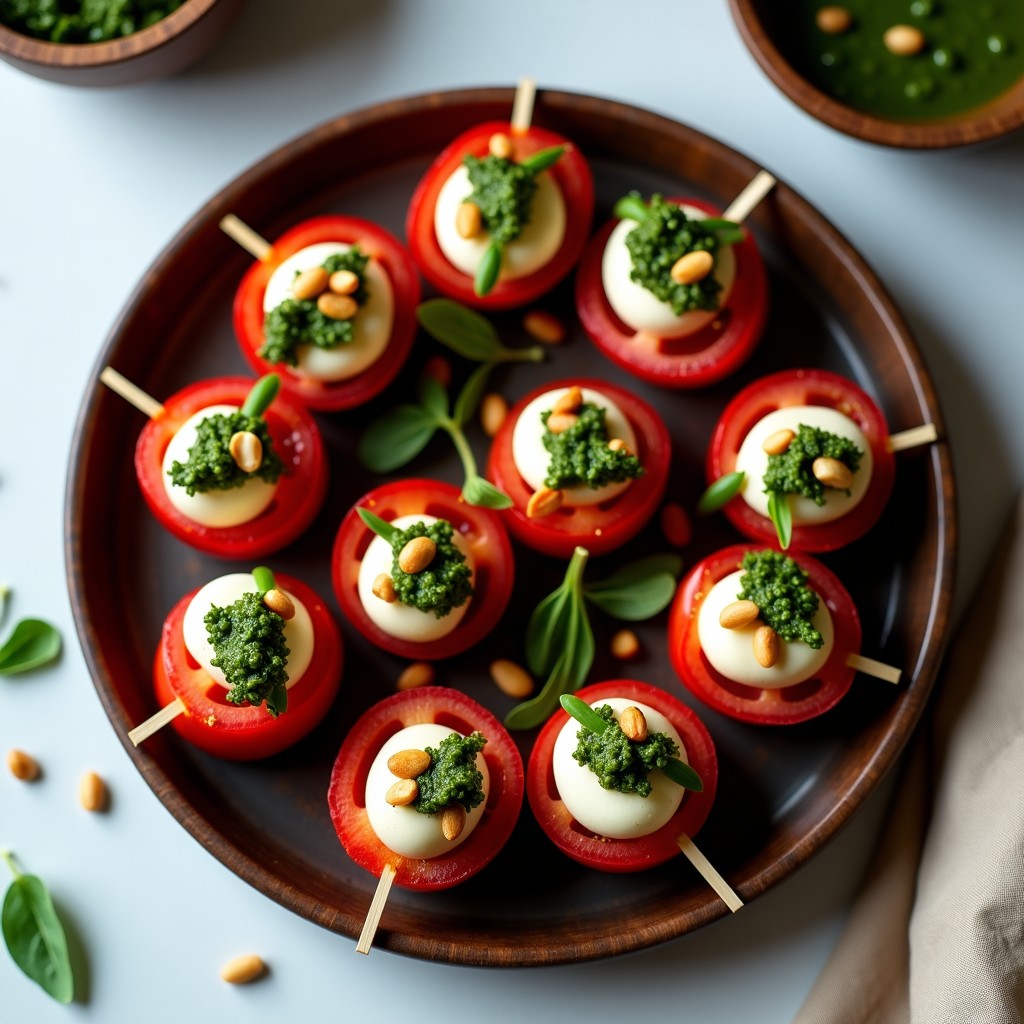 Brochetas de tomate cherry rojo brillante y mozzarella vegana blanca cremosa, dispuestas en círculo sobre un plato de madera oscura, bañadas con pesto de rúcula verde intenso y decoradas con piñones dorados y hojas de rúcula fresca. Aperitivo keto elegante y colorido.