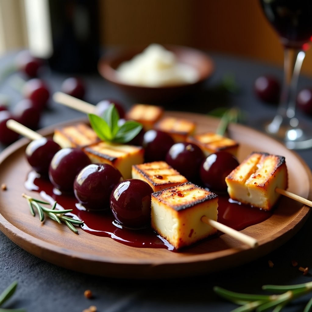 Brochetas de uvas negras y queso halloumi dorado dispuestas en círculo sobre plato blanco, bañadas con reducción brillante de vino tinto, decoradas con romero y sal en escamas. Aperitivo griego gourmet elegante.