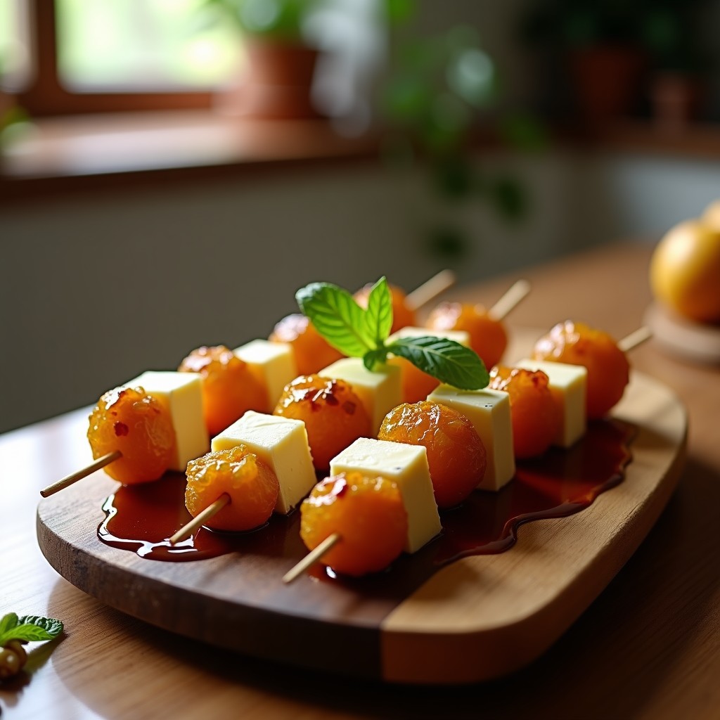 Brochetas elegantes de uvas pasas doradas, queso de cabra cremoso y nueces tostadas, bañadas en reducción brillante de vinagre balsámico, sobre bandeja de madera con hojas de menta.
