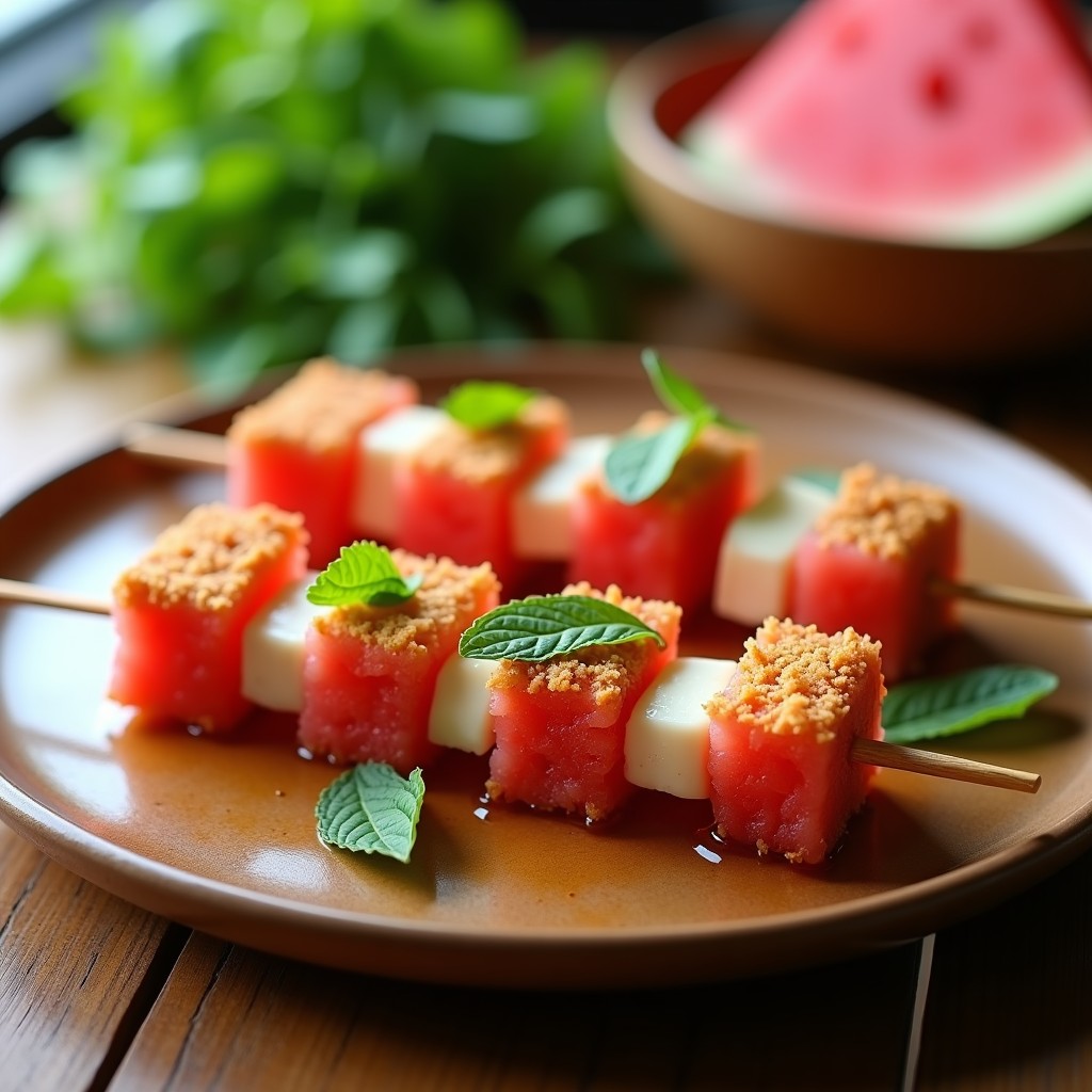Brochetas de Watermeloon Radish y queso de cabra en Airfryer: cubos rosados de rábano sandía y trozos dorados de queso de cabra ensartados en palillos de bambú, glaseados con miel y decorados con hojas de menta y semillas de sésamo negro sobre una tabla de madera rústica.