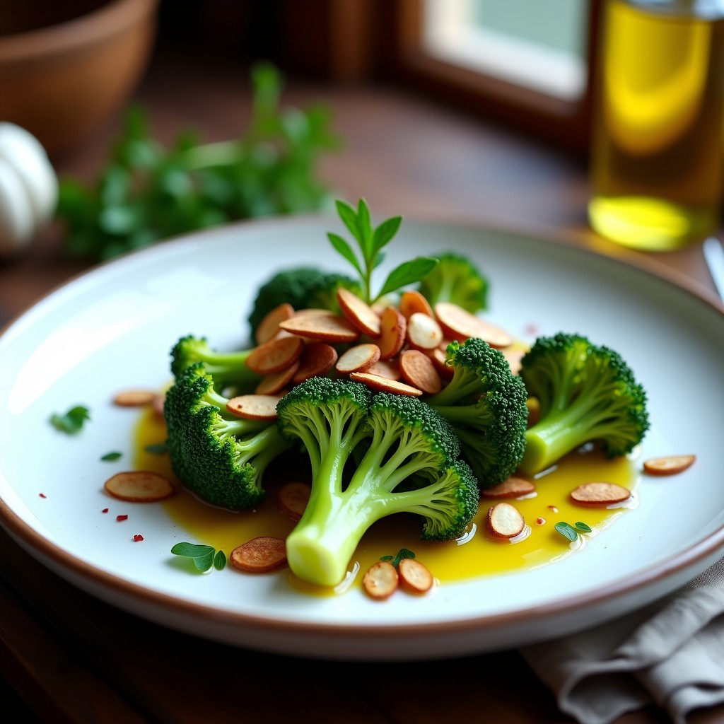 Plato blanco rústico con brócoli al ajillo salteado, anchoas desmenuzadas, almendras laminadas doradas y perejil fresco, bañado en aceite de oliva virgen extra. Entrante español alto en omega-3.