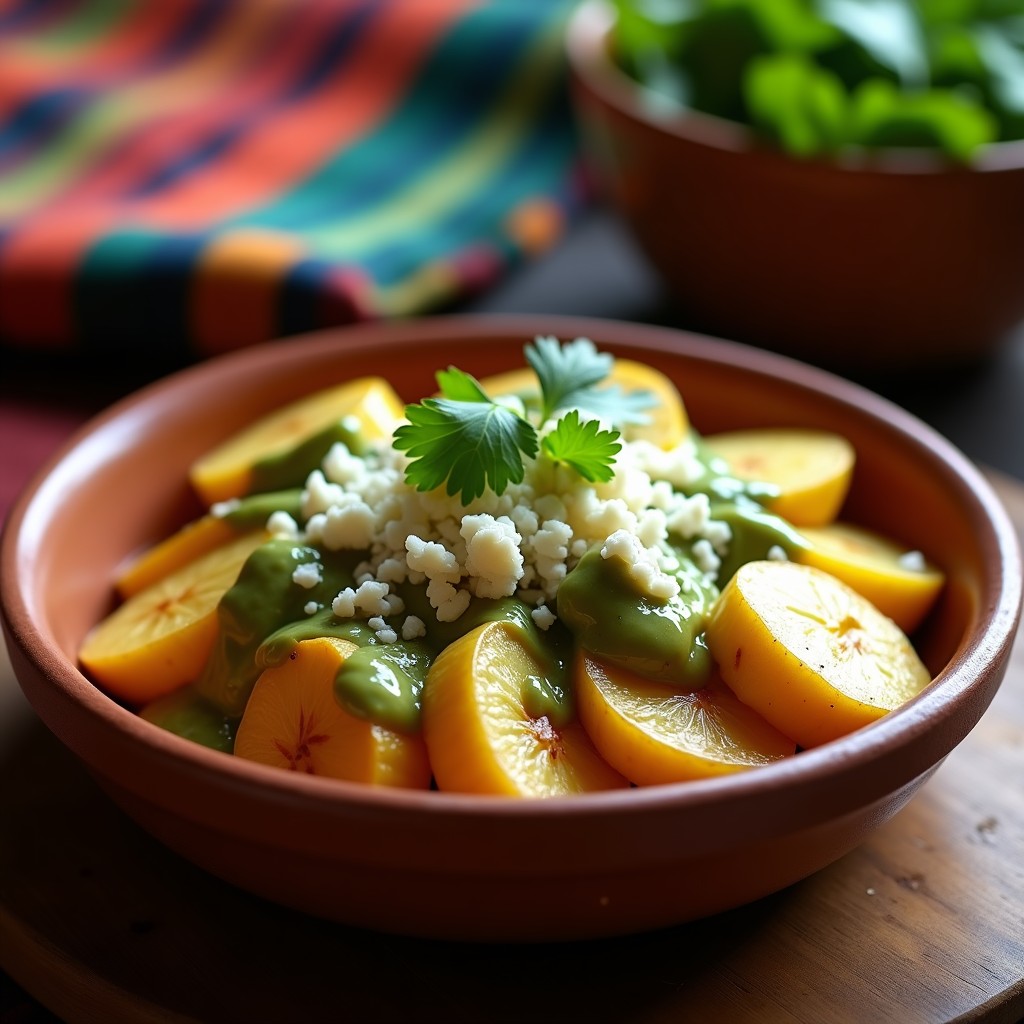 Plato hondo de barro con brodas de plátano macho en caldo espeso, queso costeño derretido y salsa de ají roja. Acompañado de cilantro fresco y rodajas de ají. Receta colombiana tradicional.