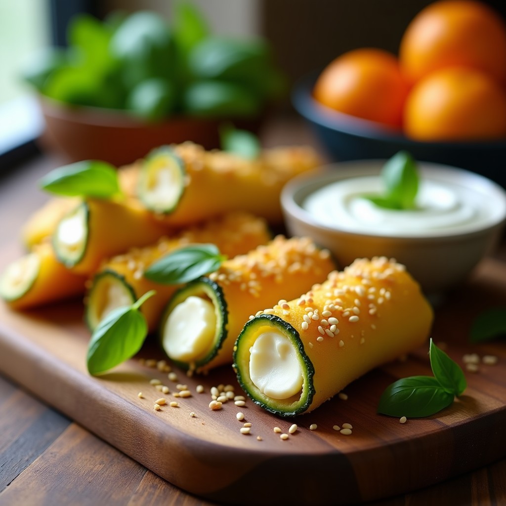 Brotini de calabacín y queso de almendras horneados, dorados y crujientes, servidos en una bandeja de madera con hojas de albahaca fresca y semillas de sésamo. Aperitivo italiano sin lactosa.
