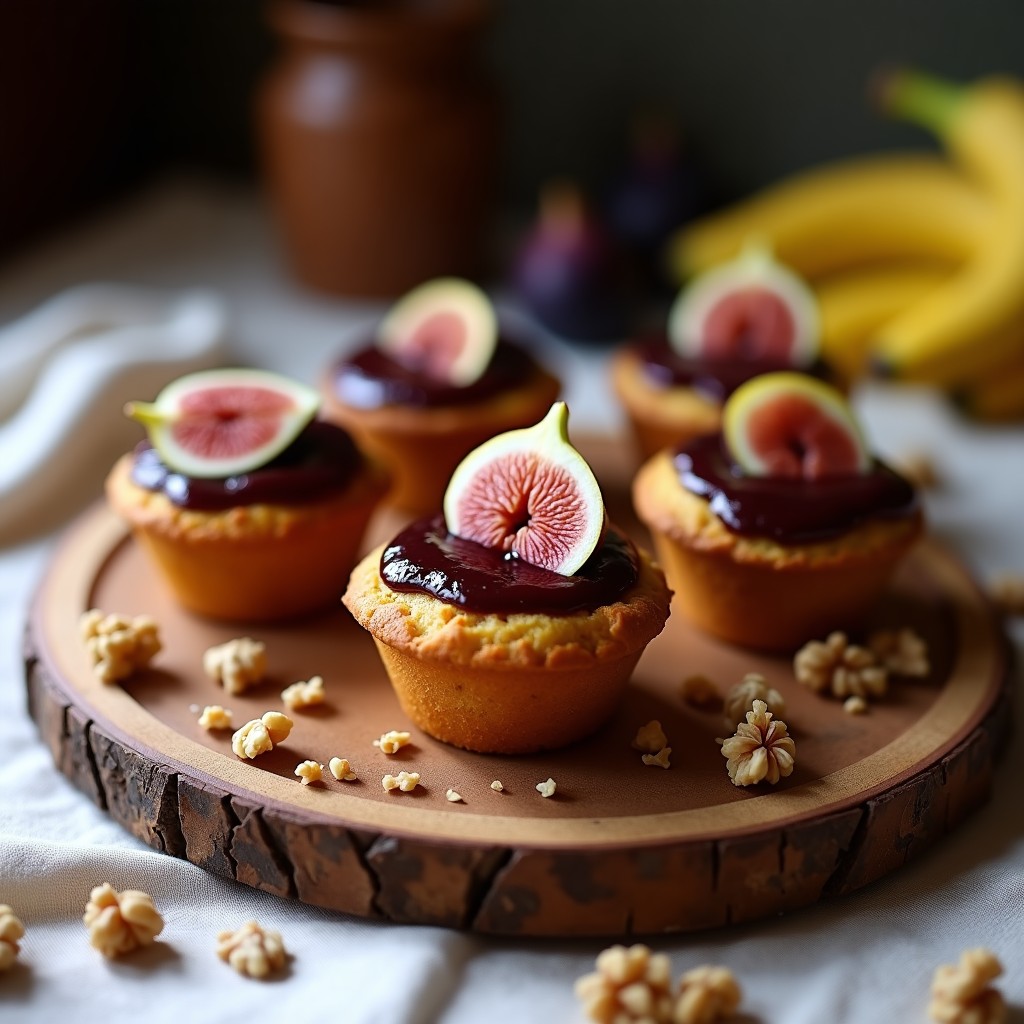 Brotini dorados de pan de plátano y nueces servidos en una fuente de madera, con compota de higos brillante y nueces picadas por encima, sobre un mantel rústico de lino.