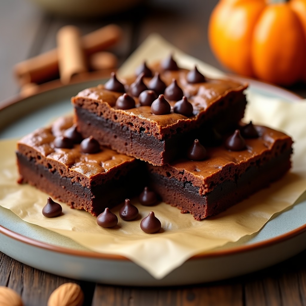 Brownie keto de harina de almendra y puré de calabaza con textura melosa, cortado en cuadrados, espolvoreado con almendras fileteadas y servido en un plato rústico de cerámica oscura con fondo de madera.