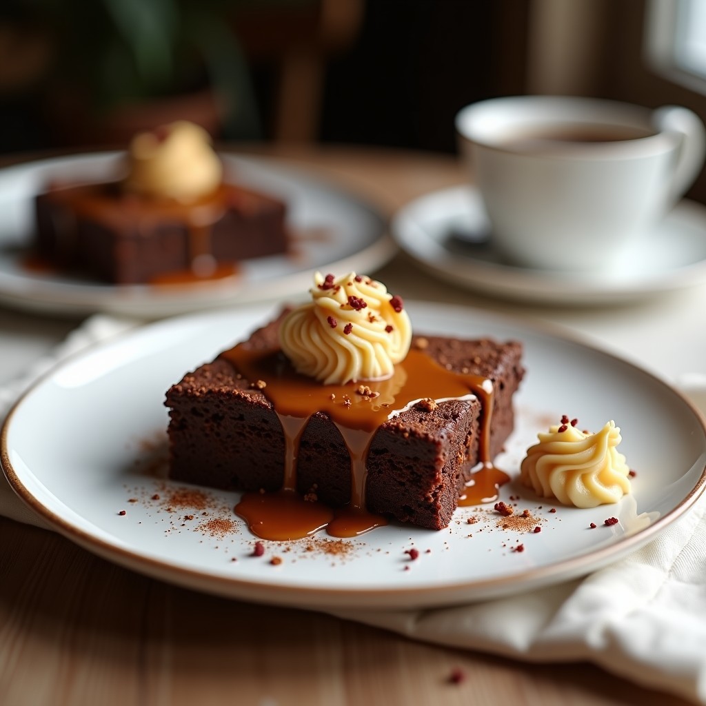 Brownie keto de batata y cacahuete cortado en cuadrados, con textura húmeda y brillante, espolvoreado con cacao en polvo y trocitos de cacahuete, sobre una tabla de madera rústica con fondo oscuro.