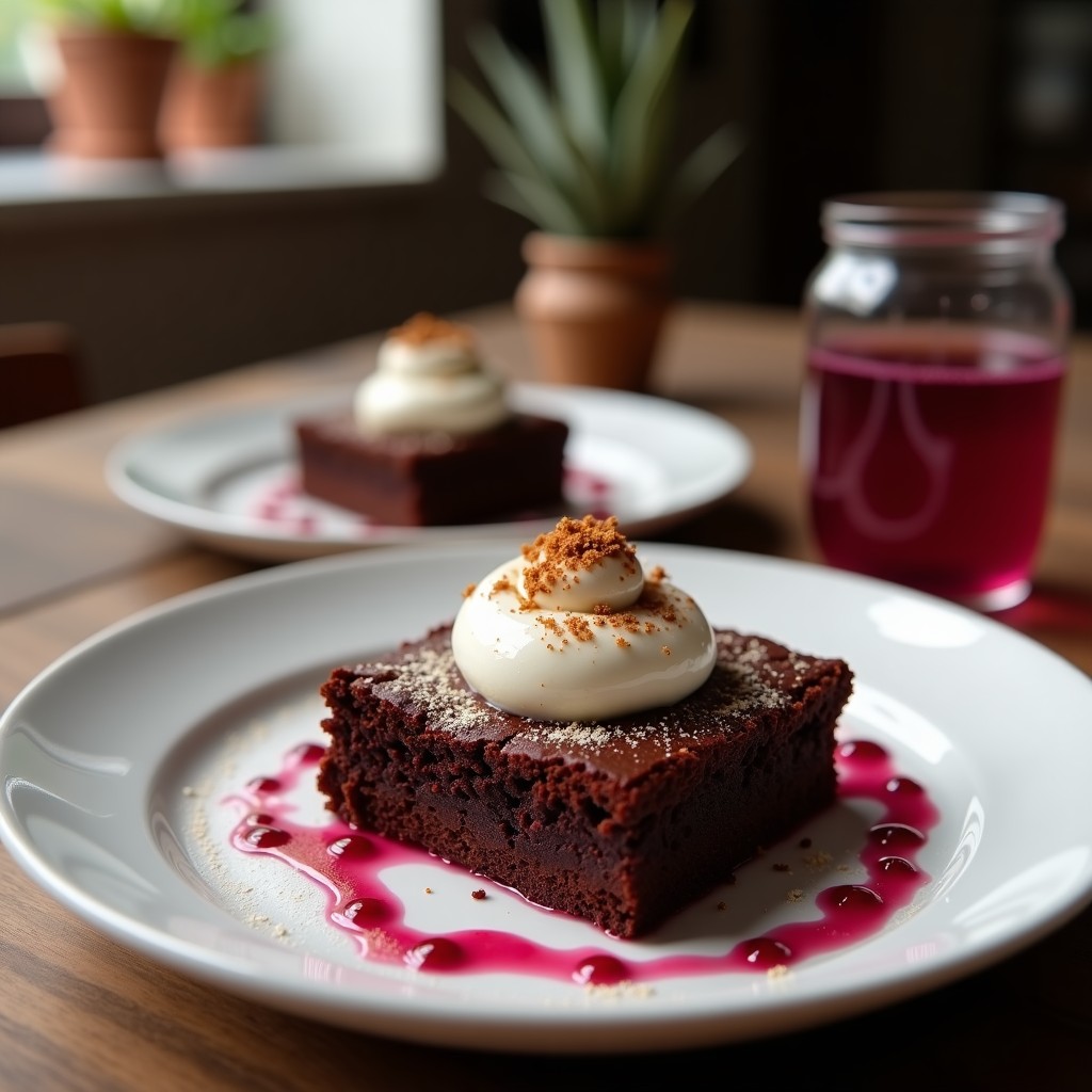 Brownie de batata morada y cacao: Postre Sin Azúcar con crema de anacardos
