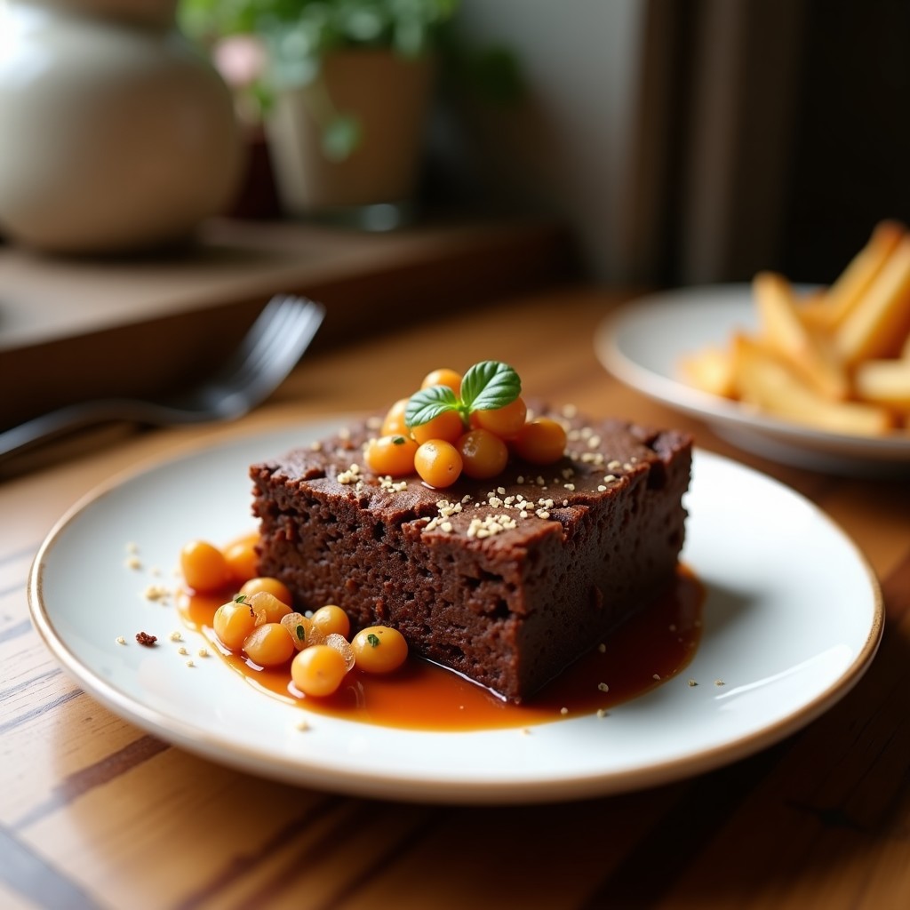 Brownie keto de garbanzos negros cortado en cuadrados, con textura densa y brillante, decorado con nueces picadas y semillas de chía sobre fondo rústico.