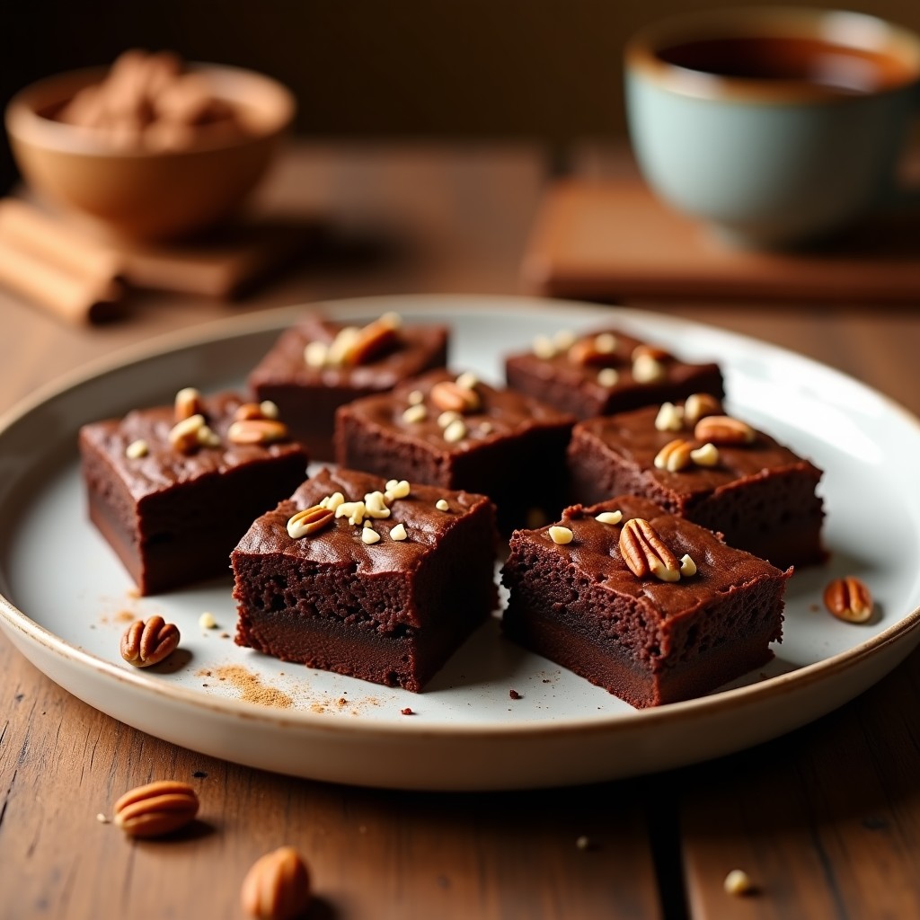 Brownie de boniato y algarroba cortado en cuadrados perfectos, con tonalidades oscuras y textura húmeda, decorado con nueces de pecana tostadas. Postre vegano sin harina sobre un plato de cerámica rústica.