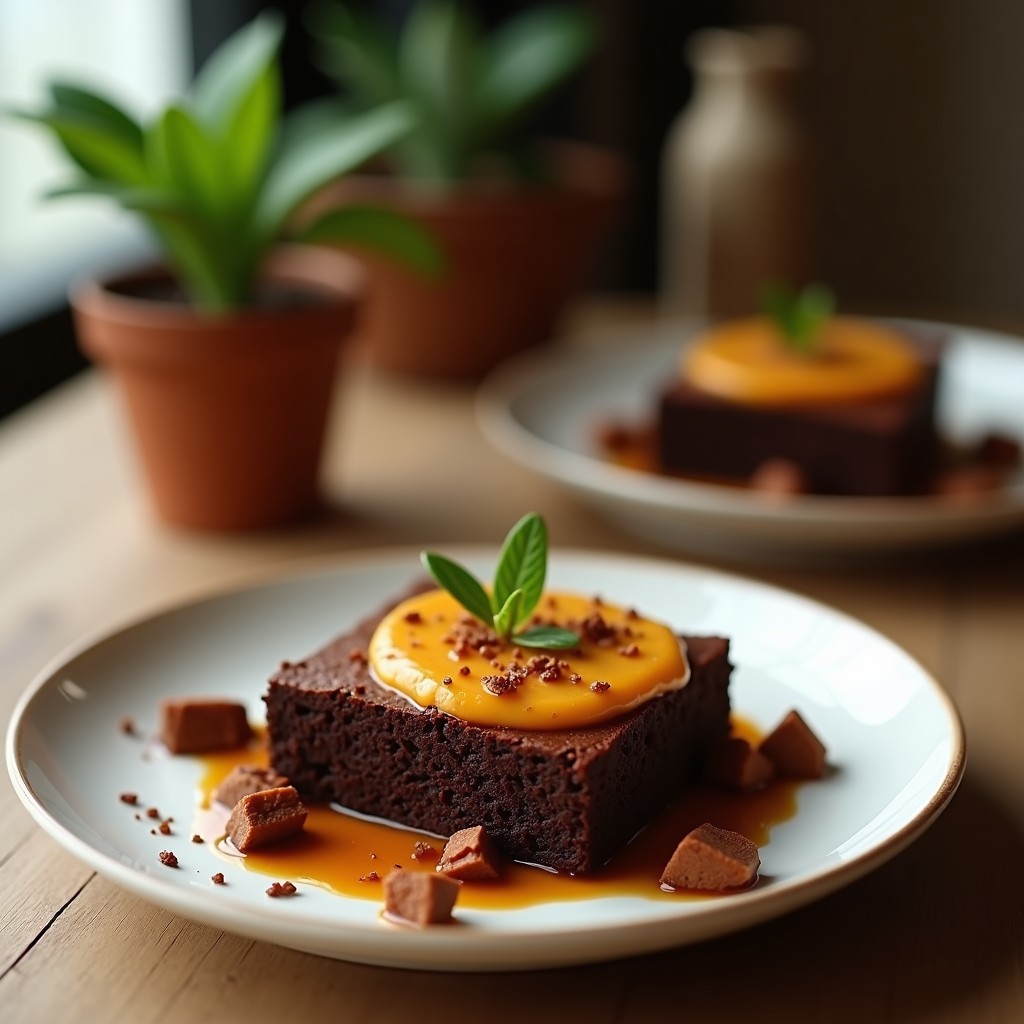 Brownie de cacao y puré de calabaza cortado en cuadrados perfectos, con textura fudgy y trozos de nueces pecanas tostadas en la superficie, sobre un plato de cerámica negra con fondo rústico.