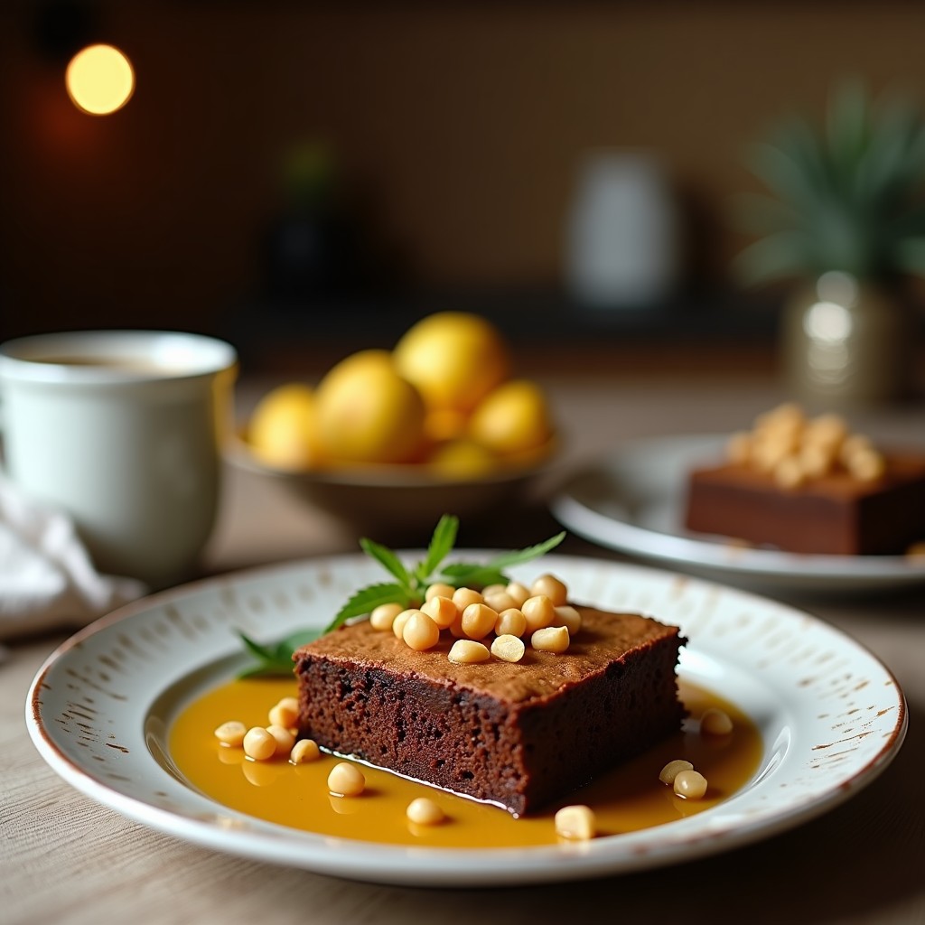 Brownie vegano de harina de garbanzo y aceite de oliva en molde cuadrado, con superficie brillante y chips de chocolate negro fundidos, decorado con semillas de sésamo tostadas.