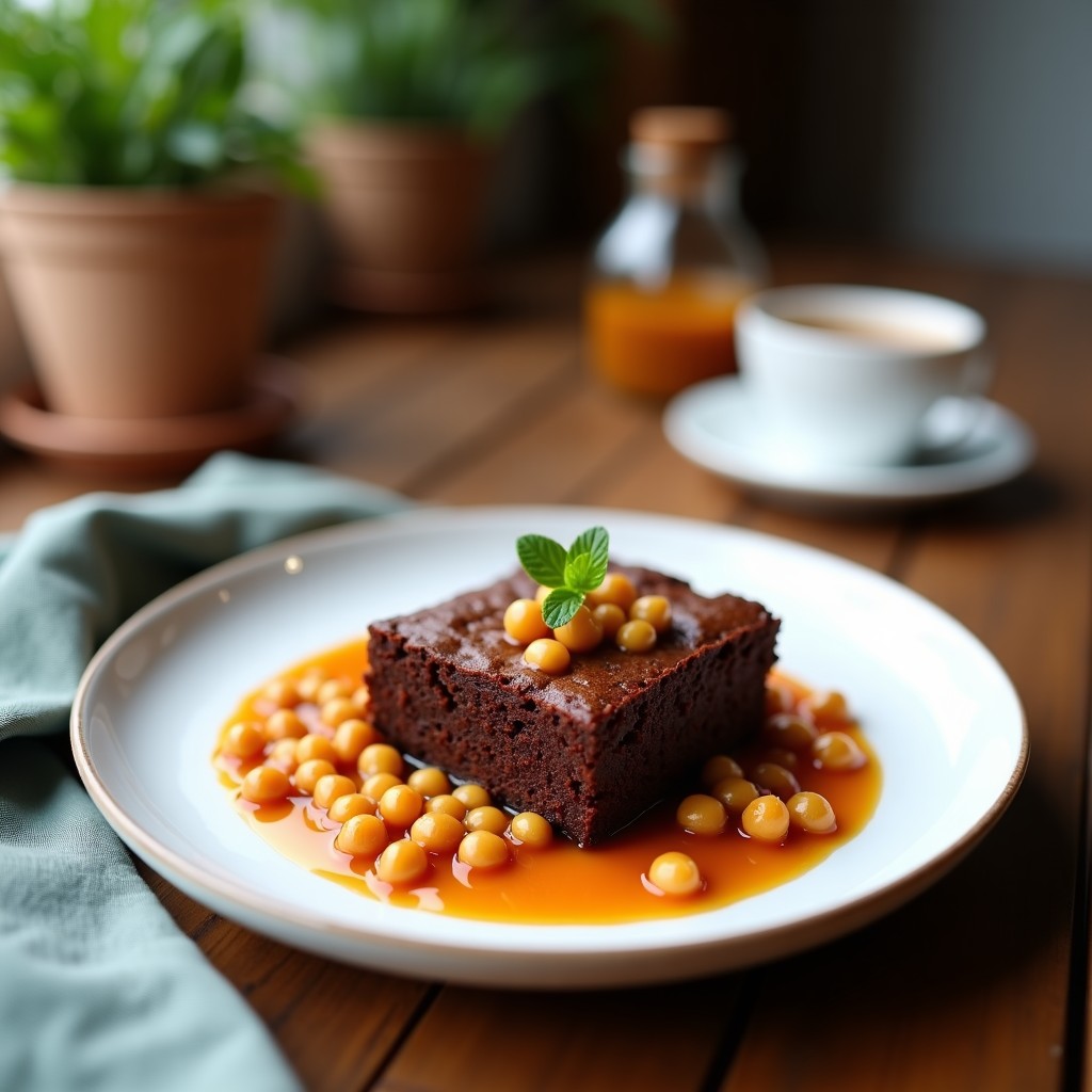 Brownie vegano de garbanzo y avellanas en Thermomix, corte en cuadrados con textura húmeda y chips de chocolate negro derretido en la superficie, servido en plato de cerámica blanca sobre fondo rústico de madera.