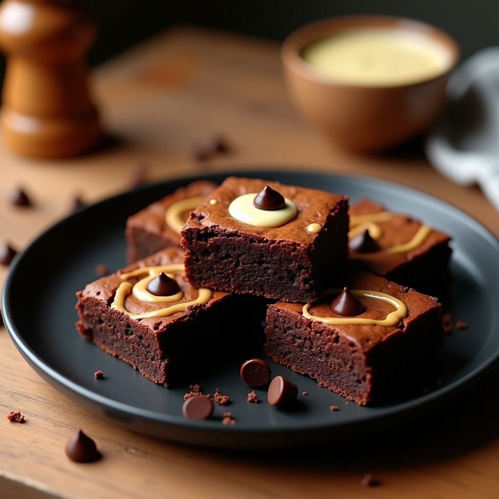Brownie de garbanzo y tahini cortado en cuadrados, con textura húmeda y chips de chocolate derretido en la superficie, servido en plato negro sobre fondo rústico de madera.