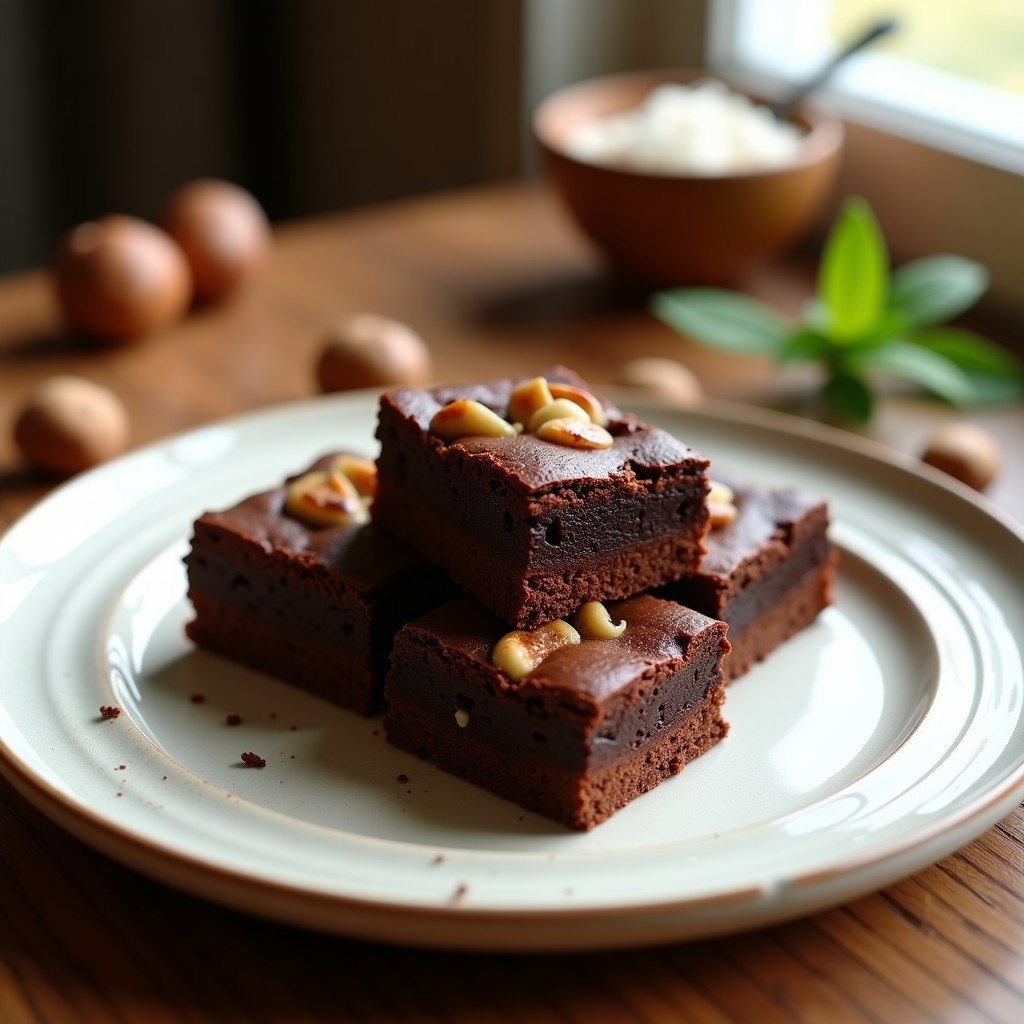 Brownie vegano de harina de lenteja y praliné de avellana en Thermomix, cortado en cuadrados perfectos sobre papel de horno, con chips de chocolate derritiéndose y trozos de avellana tostada visibles. Textura húmeda y color oscuro intenso.
