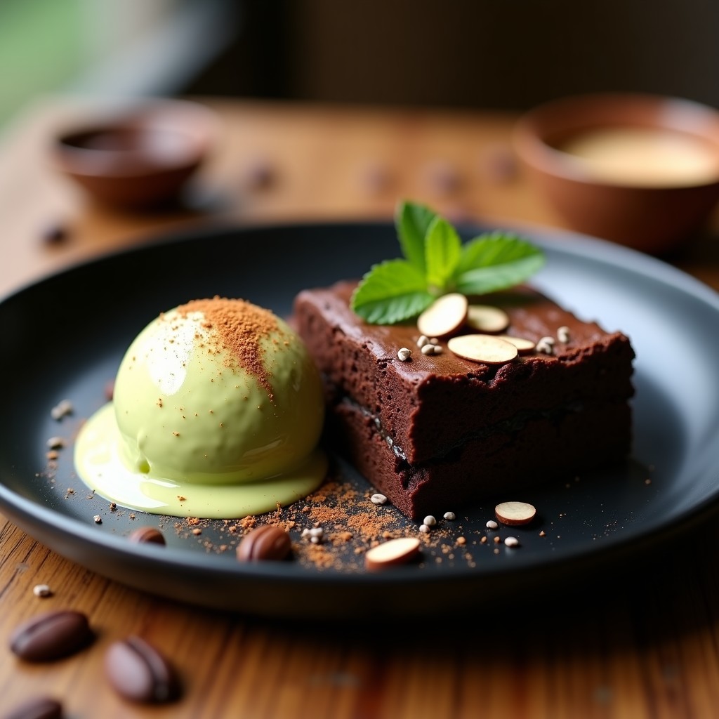 Brownie de lentejas negras y cacao puro en porciones cuadradas, servido con una bola de helado de aguacate cremoso y espolvoreado con nueces de Brasil picadas. Postre vegano sin azúcar con texturas contrastadas.