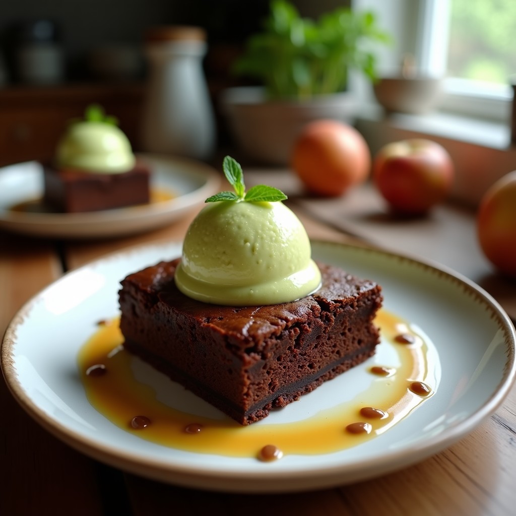 Brownie de lentejas negras vegano sin harina cortado en cuadrados, con textura densa y brillante, acompañado de una bola de helado de aguacate cremoso y nueces de pecana tostadas. Plato con fondo oscuro y detalles rústicos.